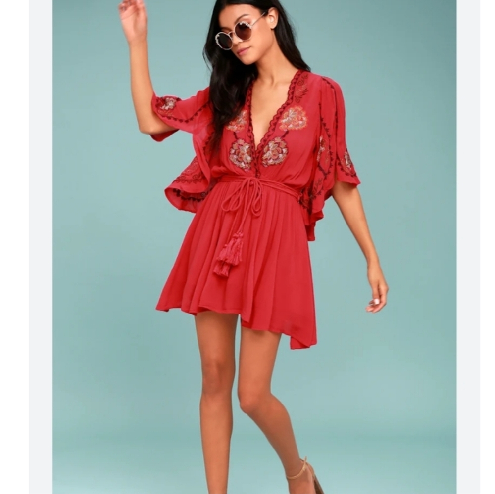 Free People Crimson Red Embroidered V-Neck Mini Dress